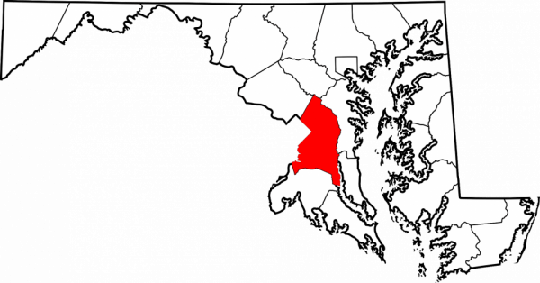 Map of Maryland with Prince George's County colored in red.