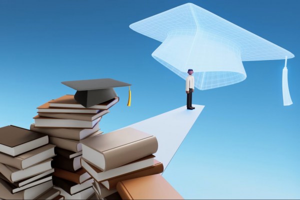 Infographic of man looking at books and graduation cap 