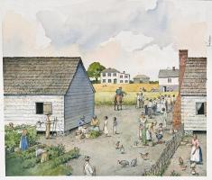 An artist's depiction of the L'Hermitage slave village. Richard Schlecht, copyright 2019